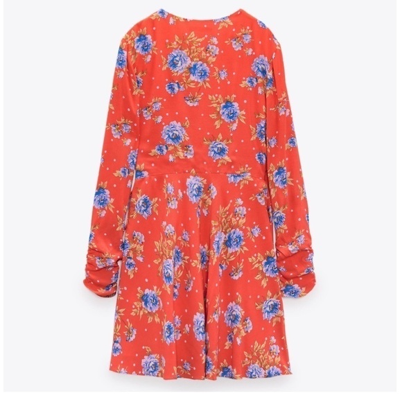 Zara | NWT Red Floral Wrap V-Neck Ruched 3/4-Length Sleeve Dress XS - Picture 12 of 13